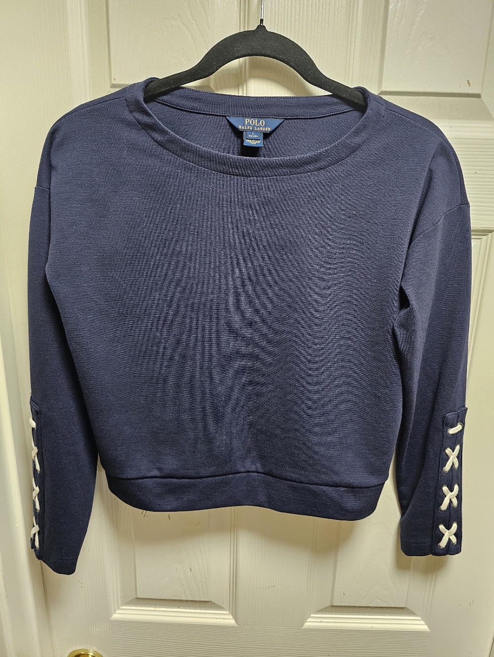 Ralph Lauren Navy Blue Cropped Sweater Size L (12-14) Lace-Up Sleeve Detail